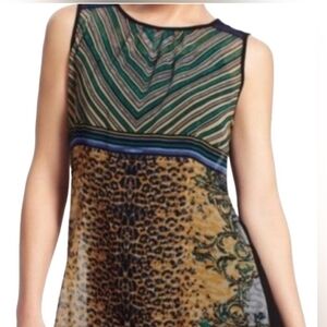 CAbi Green Black Asymmetrical Animal Print Sleeveless Top Small
